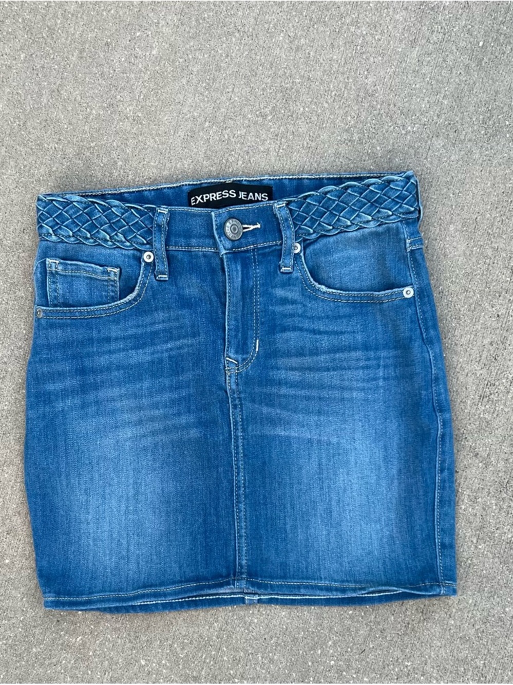Express Y2K Braided-Waist Medium Blue Wash Denim Mini Skirt 0